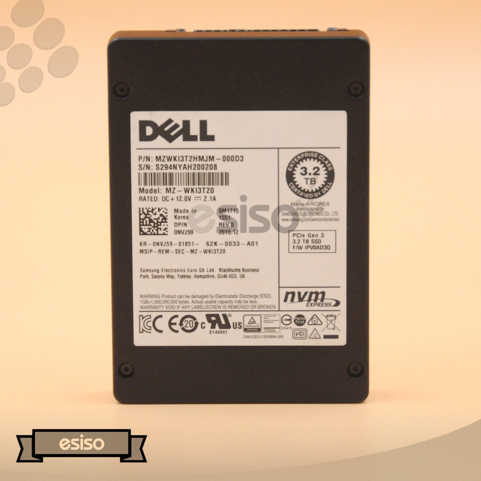 NVJ59 0NVJ59 MZ-WKI3T20 DELL 3.2TB SFF 2.5" MLC PCIE NVME U.2 WI SSD W/O TRAY