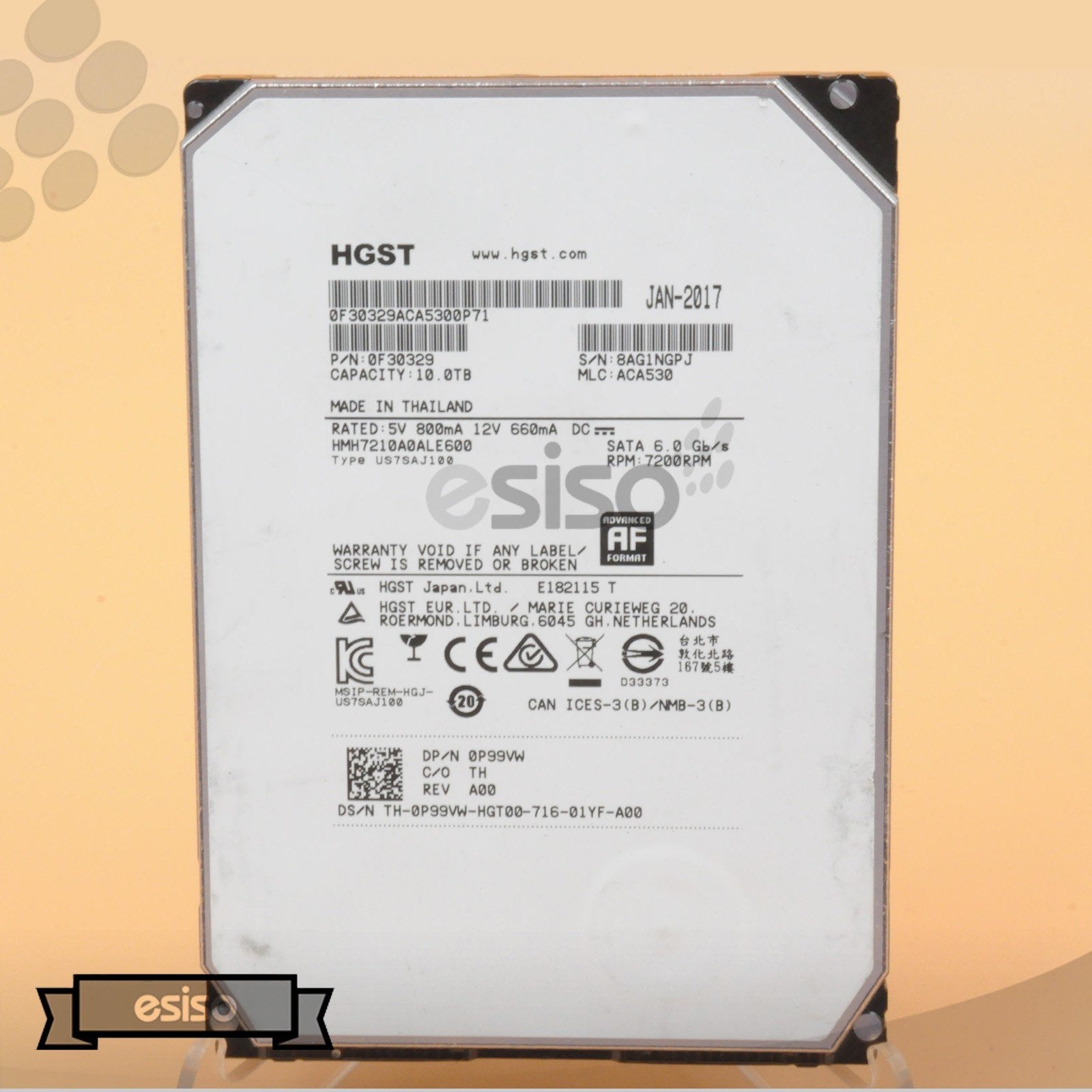 P99VW 0P99VW HMH7210A0ALE600 DELL 10TB 7.2K 6G LFF 3.5" SATA HA10 HDD W/O TRAY