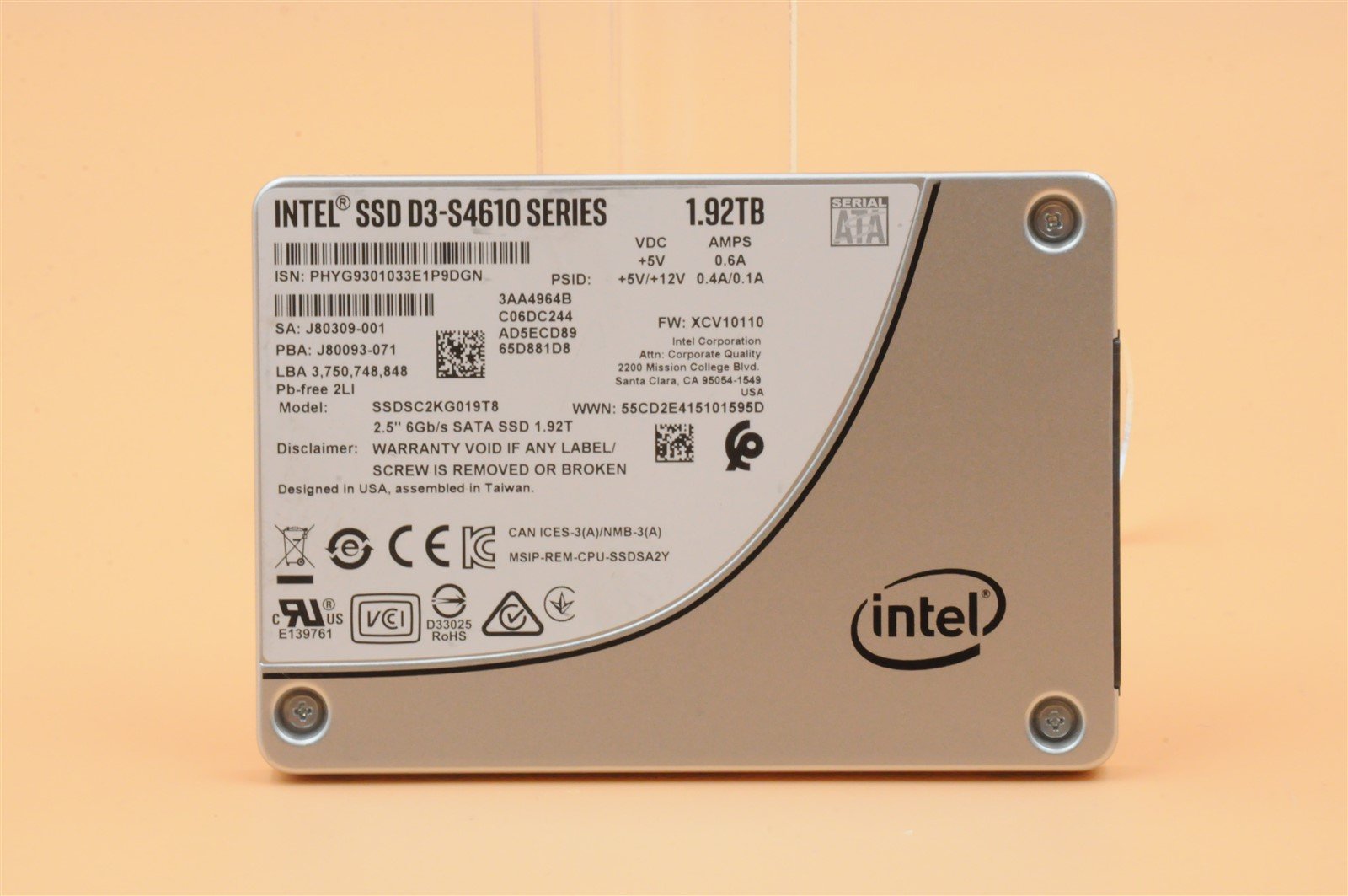 SSDSC2KG019T8 INTEL D3-S4610 SERIES 1.92TB 6G 2.5" SATA TLC SOLID STATE DRIVE