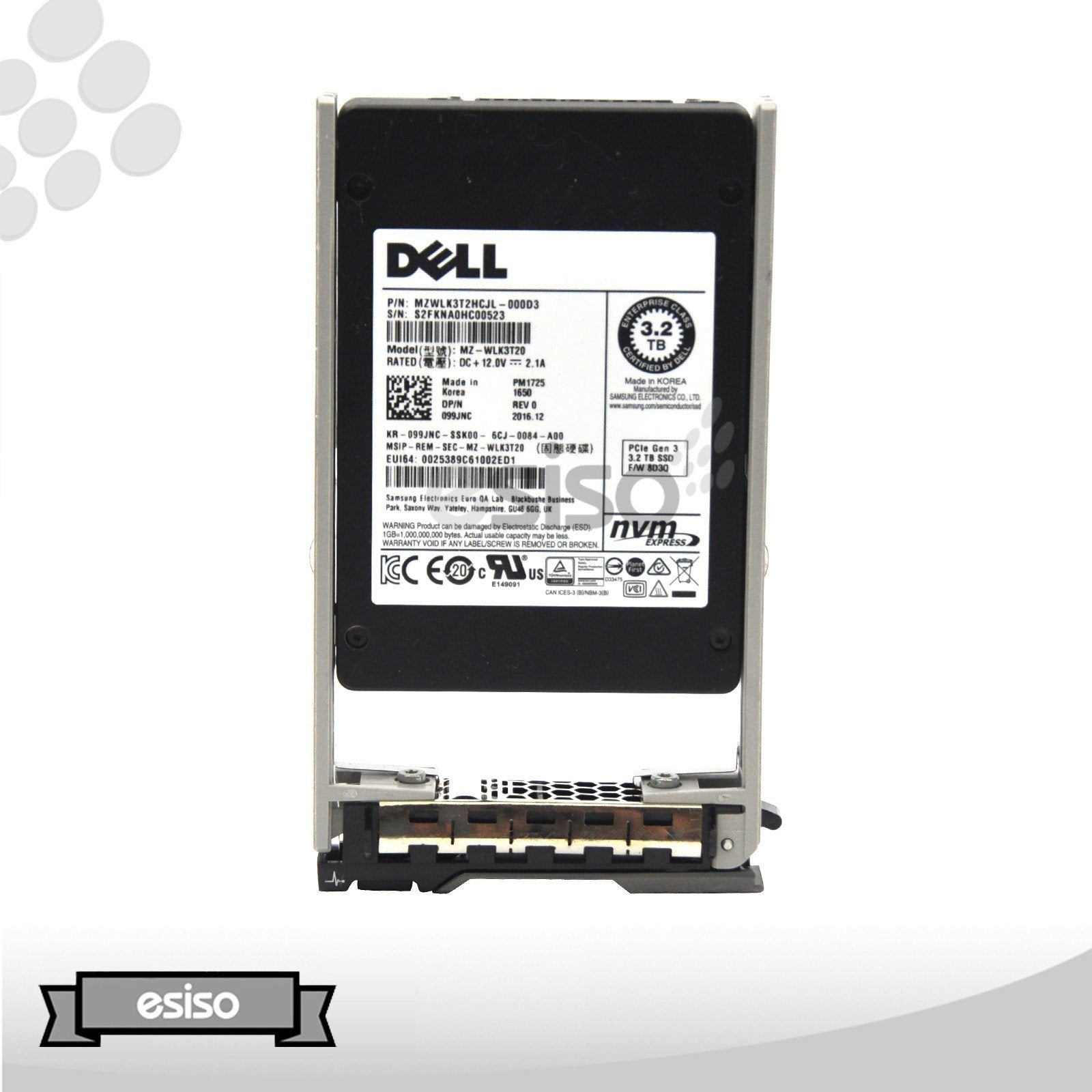 99JNC 099JNC MZ-WLK3T20 DELL 3.2TB 2.5" TLC NVME PCIE U.2 GEN 3 PM1725 SSD W/DELL TRAY