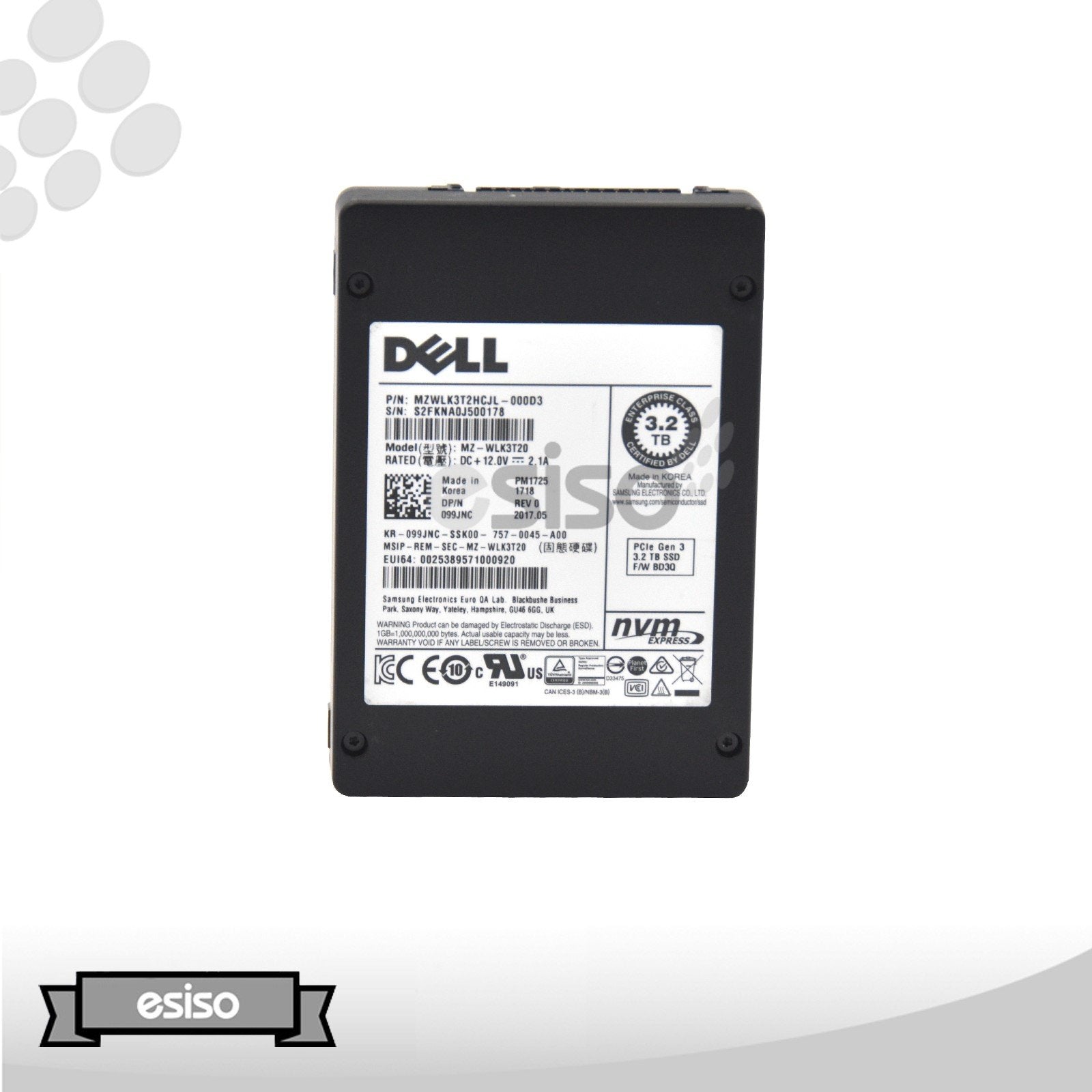 99JNC 099JNC MZ-WLK3T20 DELL 3.2TB SFF 2.5" TLC NVME PCIE U.2 GEN 3 PM1725 SSD