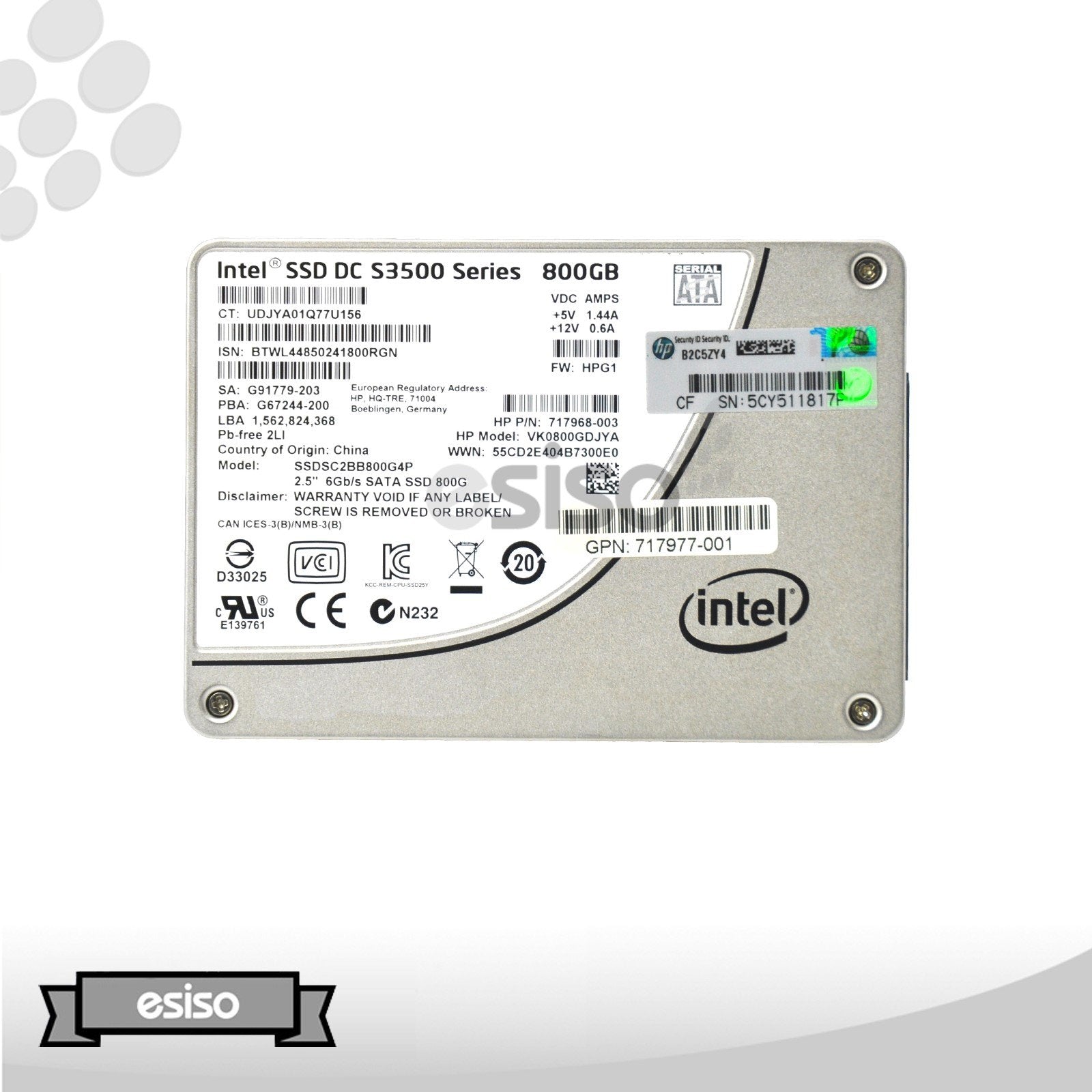 SSDSC2BB800G4P INTEL HPE S3500 800GB 6G SFF 2.5" SATA ENTERPRISE SSD W/O TRAY